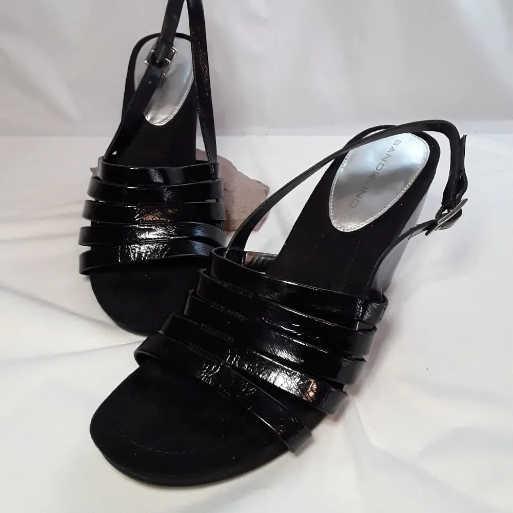 BANDOLINO Black Patent Leather Sling Back Platform Wedge Sandals SZ 8 - NWOB